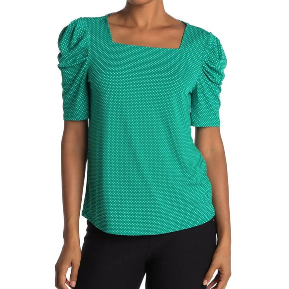 Adrianna Papell Tops - Adrianna Papell Moss Crepe Square Neck Top Medium Polka Dot Pleated Puff Sleeve